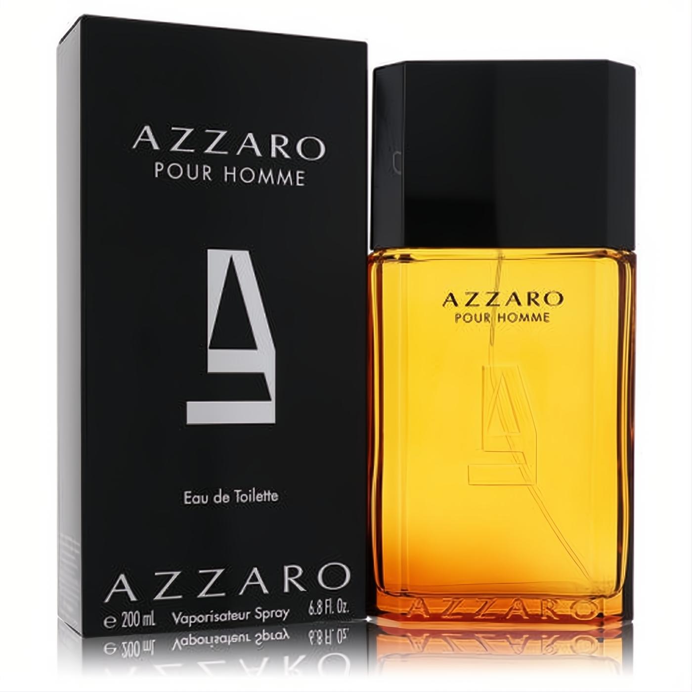 Azzaro Pour Homme 6.8 oz EDT spray: iconic amber glass bottle with black cap and sleek black box.