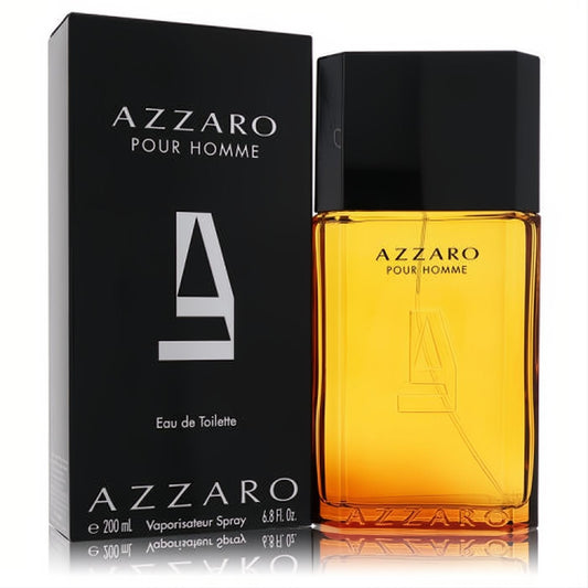 Azzaro Pour Homme 6.8 oz EDT spray: iconic amber glass bottle with black cap and sleek black box.