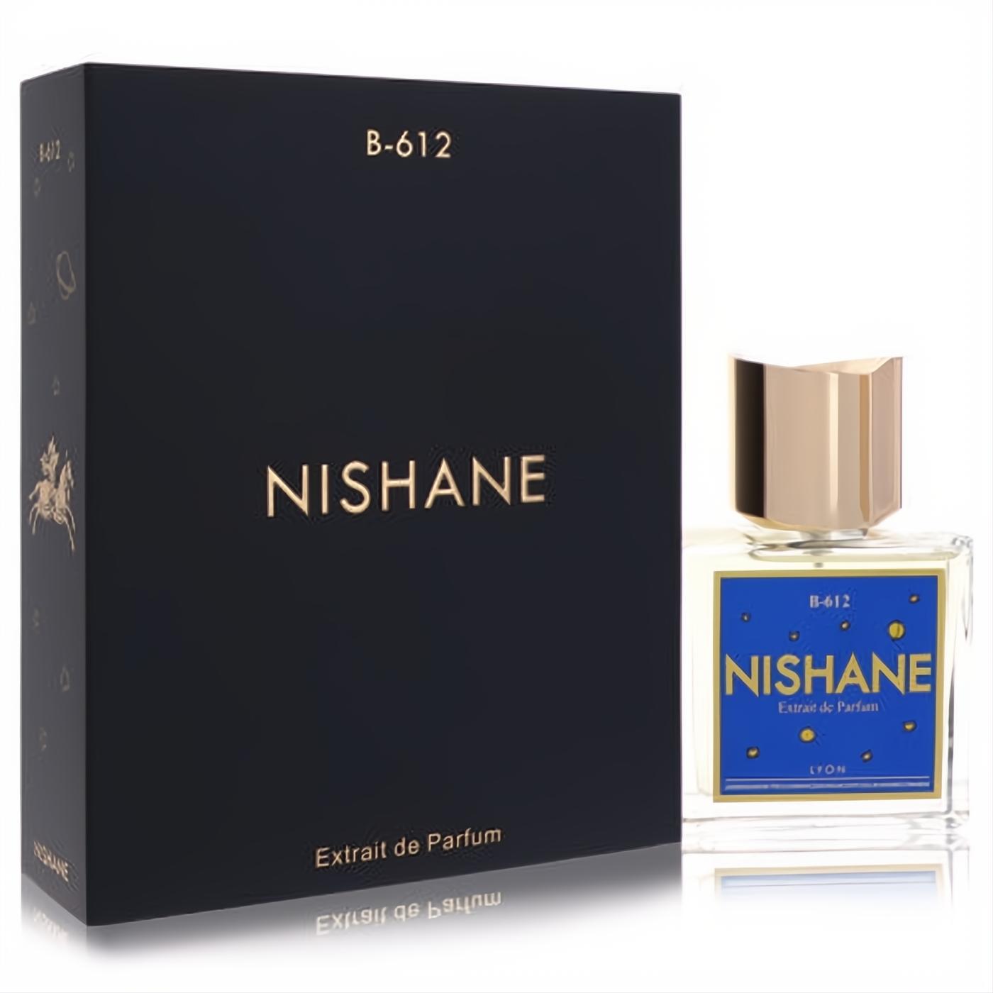 Luxurious Nishane B-612 Extrait de Parfum. Elegant dark box with gold branding, clear glass bottle, blue label, gold cap.
