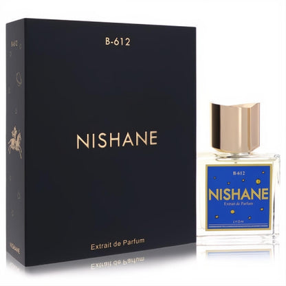 Luxurious Nishane B-612 Extrait de Parfum. Elegant dark box with gold branding, clear glass bottle, blue label, gold cap.