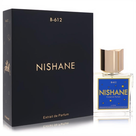 Luxurious Nishane B-612 Extrait de Parfum. Elegant dark box with gold branding, clear glass bottle, blue label, gold cap.