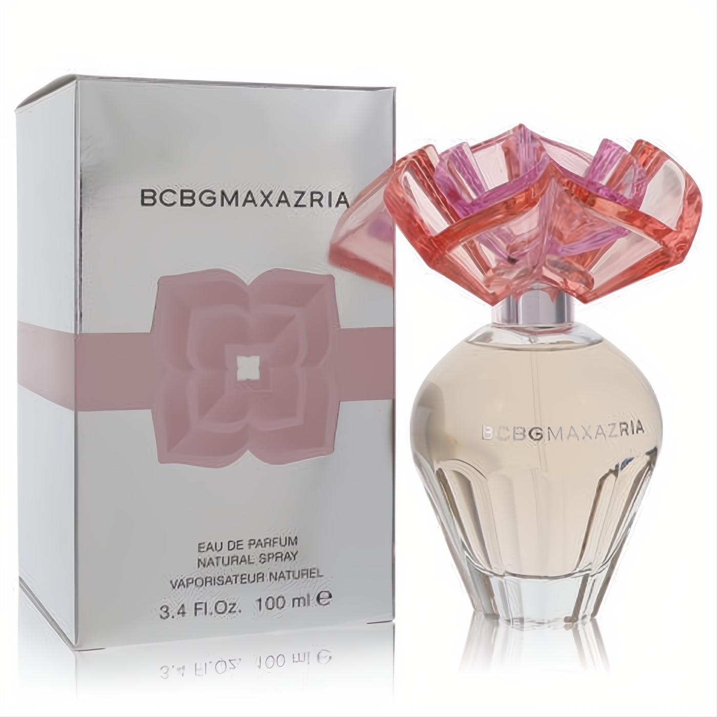 BCBG Max Azria 3.4 oz Eau De Parfum. Clear ribbed bottle, captivating pink floral cap, and metallic silver box.
