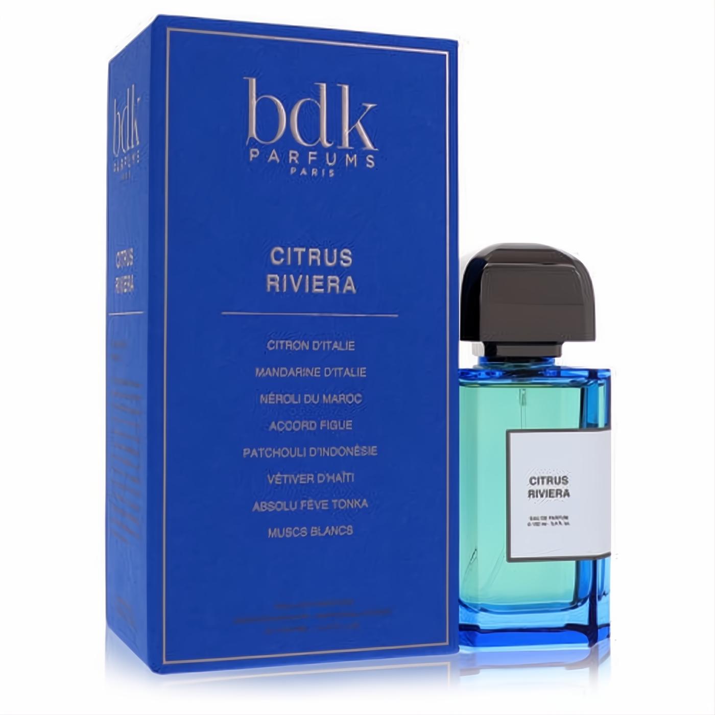 BDK Citrus Riviera 3.4 oz unisex Eau de Parfum. Vibrant blue box and elegant bottle with refreshing light blue liquid.