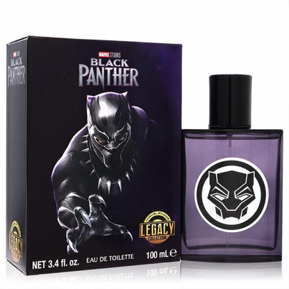 Black Panther Marvel 3.4 oz cologne: striking box with hero art, sleek purple glass bottle featuring the iconic mask logo.