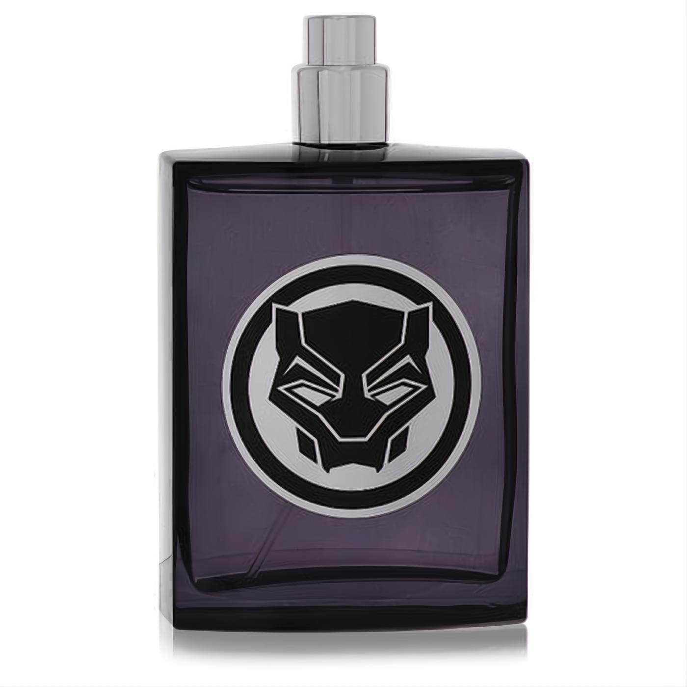 Bold Black Panther Marvel men's cologne in a sleek dark purple glass bottle with a striking mask logo and silver spray cap.
