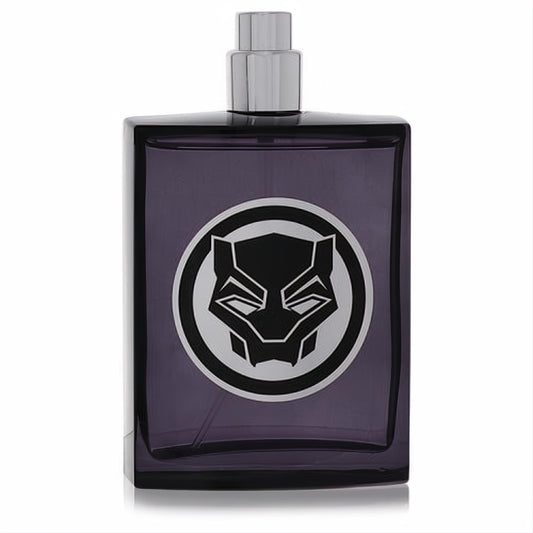 Bold Black Panther Marvel men's cologne in a sleek dark purple glass bottle with a striking mask logo and silver spray cap.