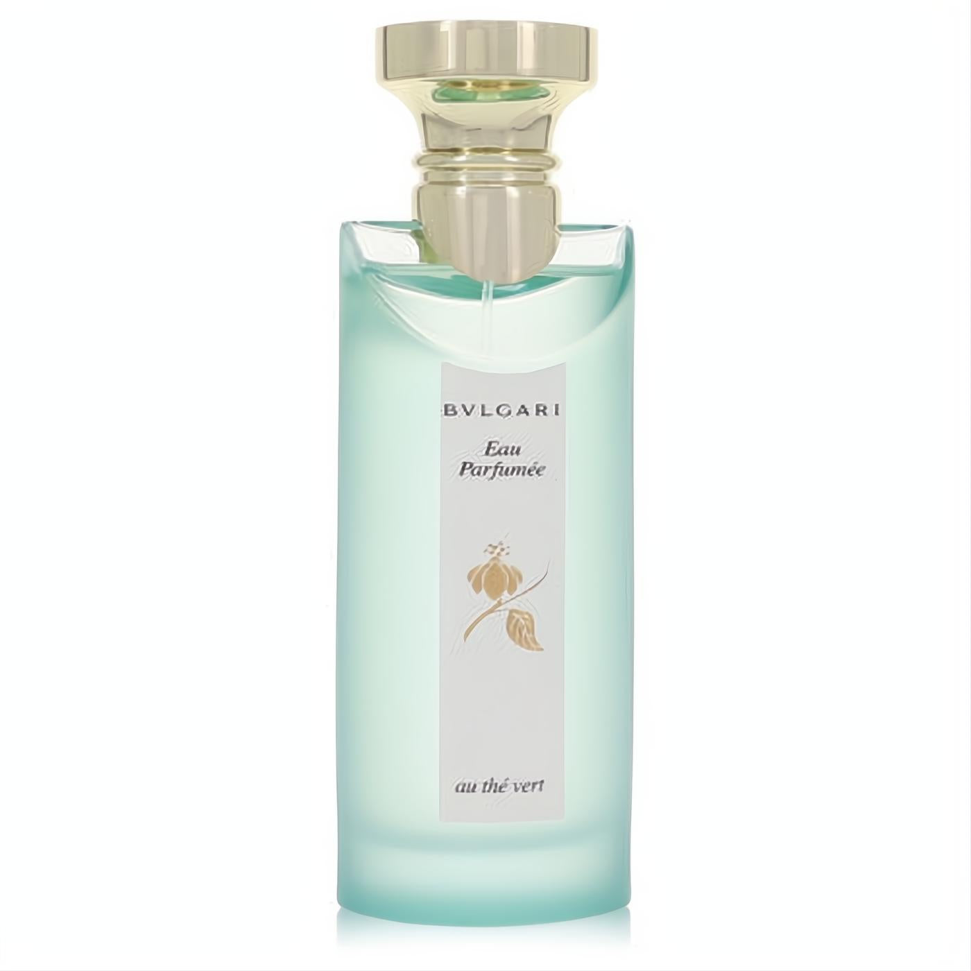 BVLGARI Eau Parfumée au Thé Vert 2.5 oz unisex fragrance. Elegant frosted aqua bottle with gold cap and iconic green tea leaf label.