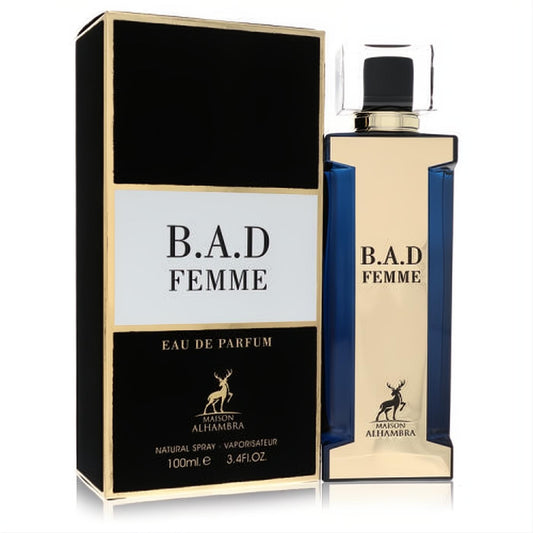 Captivating B.A.D Femme 3.4 oz Eau De Parfum spray. Sleek gold and blue bottle, elegant black and gold box."Captivating B.A.D Femme 3.