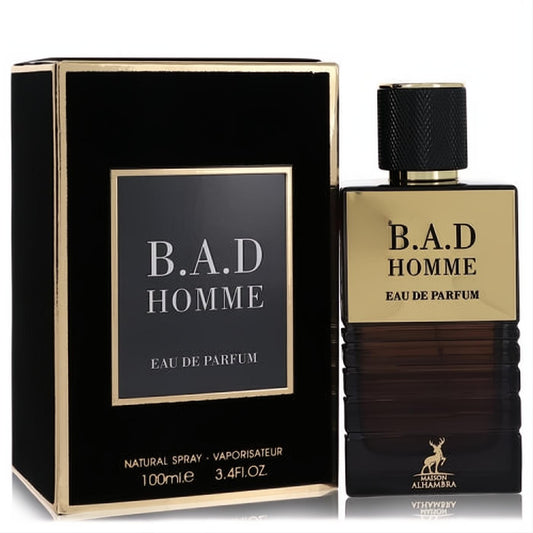 B.A.D Homme 3.4 oz Eau De Parfum: sophisticated dark amber bottle with gold label and black cap, presented with its elegant black and gold box.