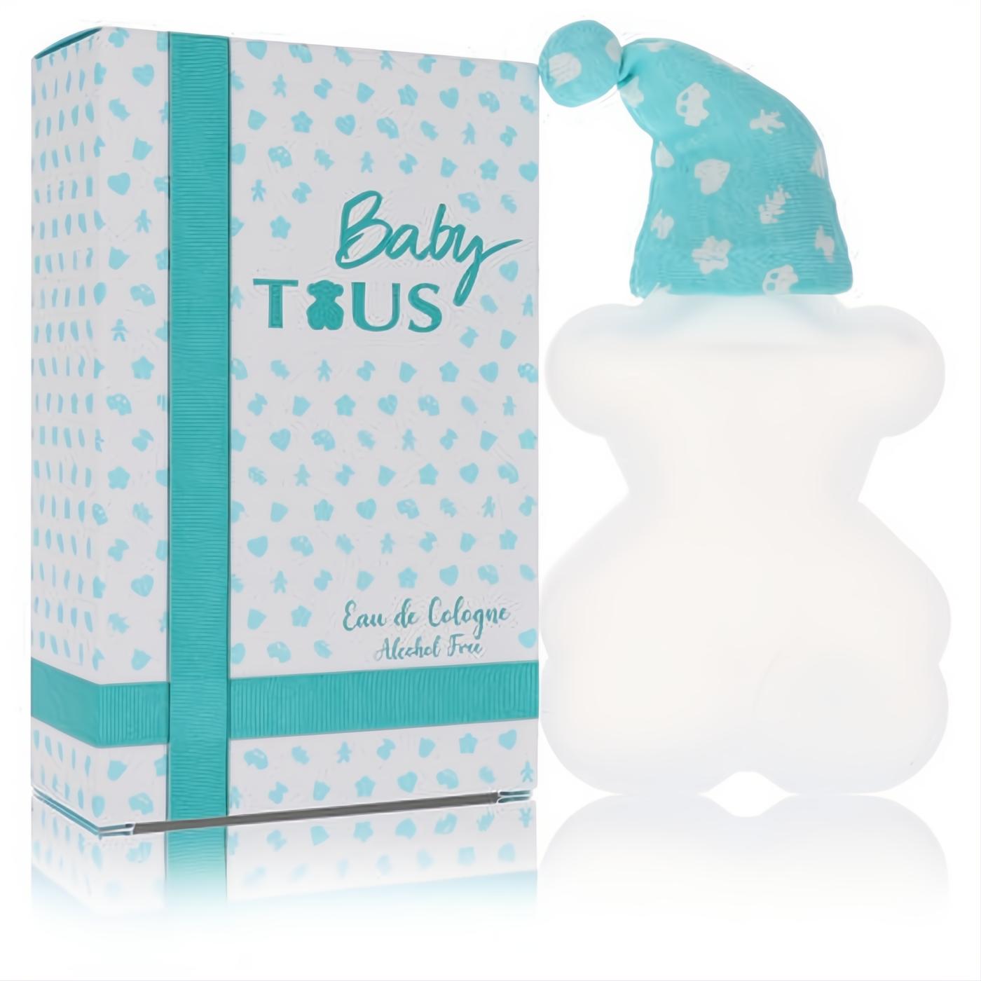 Delightful Baby Tous alcohol-free cologne, 3.4 oz. Frosted bear bottle with charming blue sleeping hat, next to its elegant white and blue box.