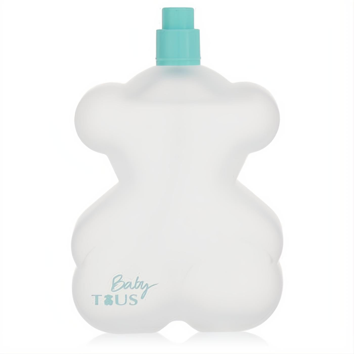 Charming Baby Tous frosted white bear cologne spray bottle, featuring a bright turquoise cap and "Baby Tous" logo.