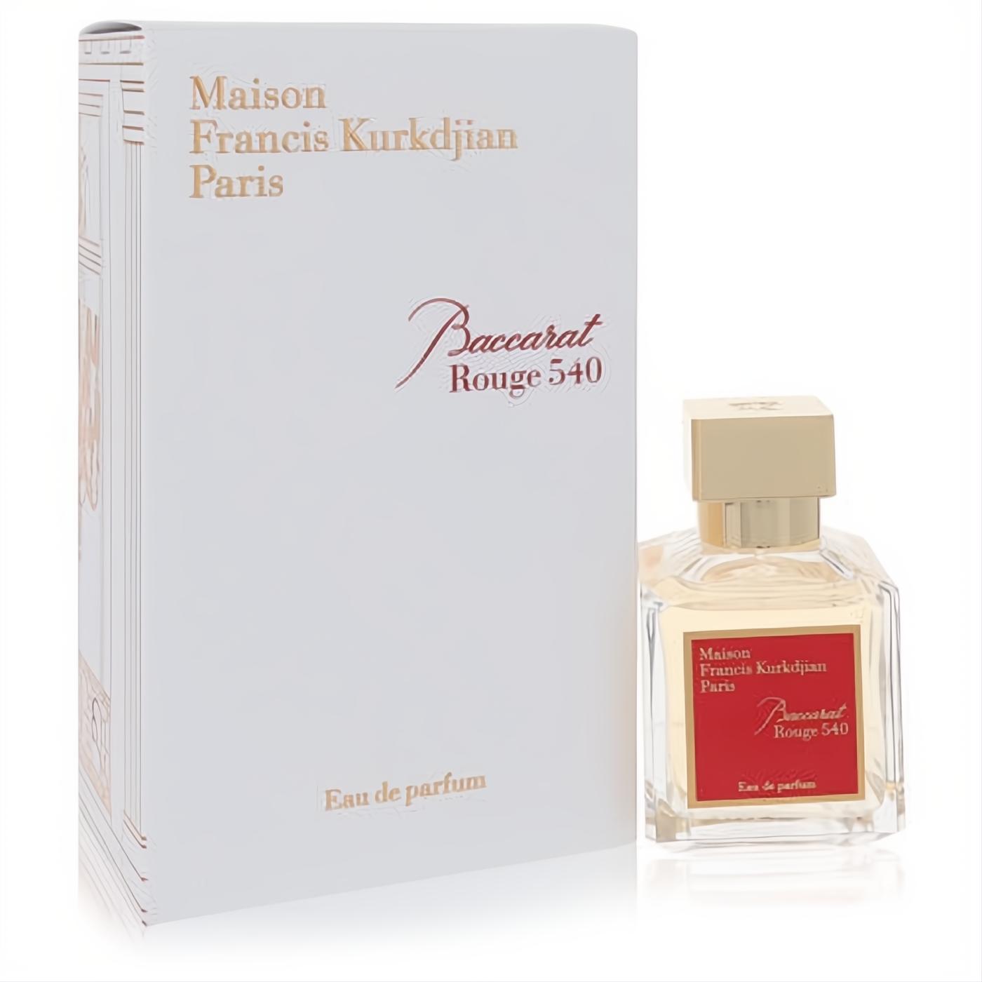 Iconic Baccarat Rouge 540 Eau de Parfum in clear glass bottle with gold cap and red label, beside its pristine white box.