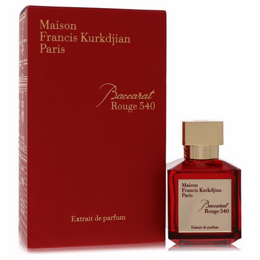 Maison Francis Kurkdjian Baccarat Rouge 540 Extrait de Parfum 2.4 oz. Iconic red glass bottle with gold cap and luxury box.