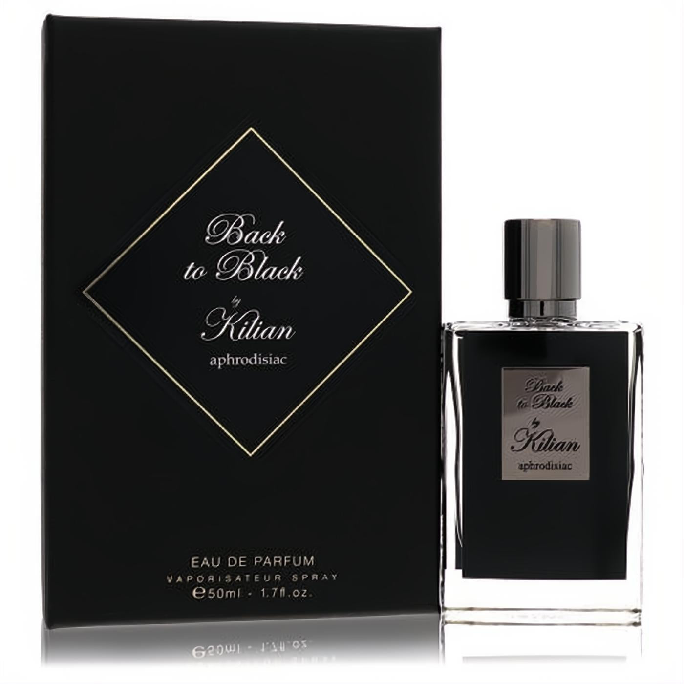 Kilian Back to Black Aphrodisiac 1.7 oz EDP. Luxurious black bottle, sleek gunmetal cap, and elegant gold-detailed box.