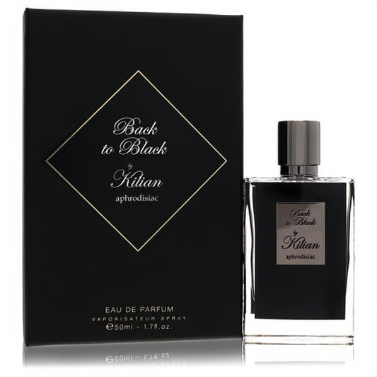 Kilian Back to Black Aphrodisiac 1.7 oz EDP. Luxurious black bottle, sleek gunmetal cap, and elegant gold-detailed box.