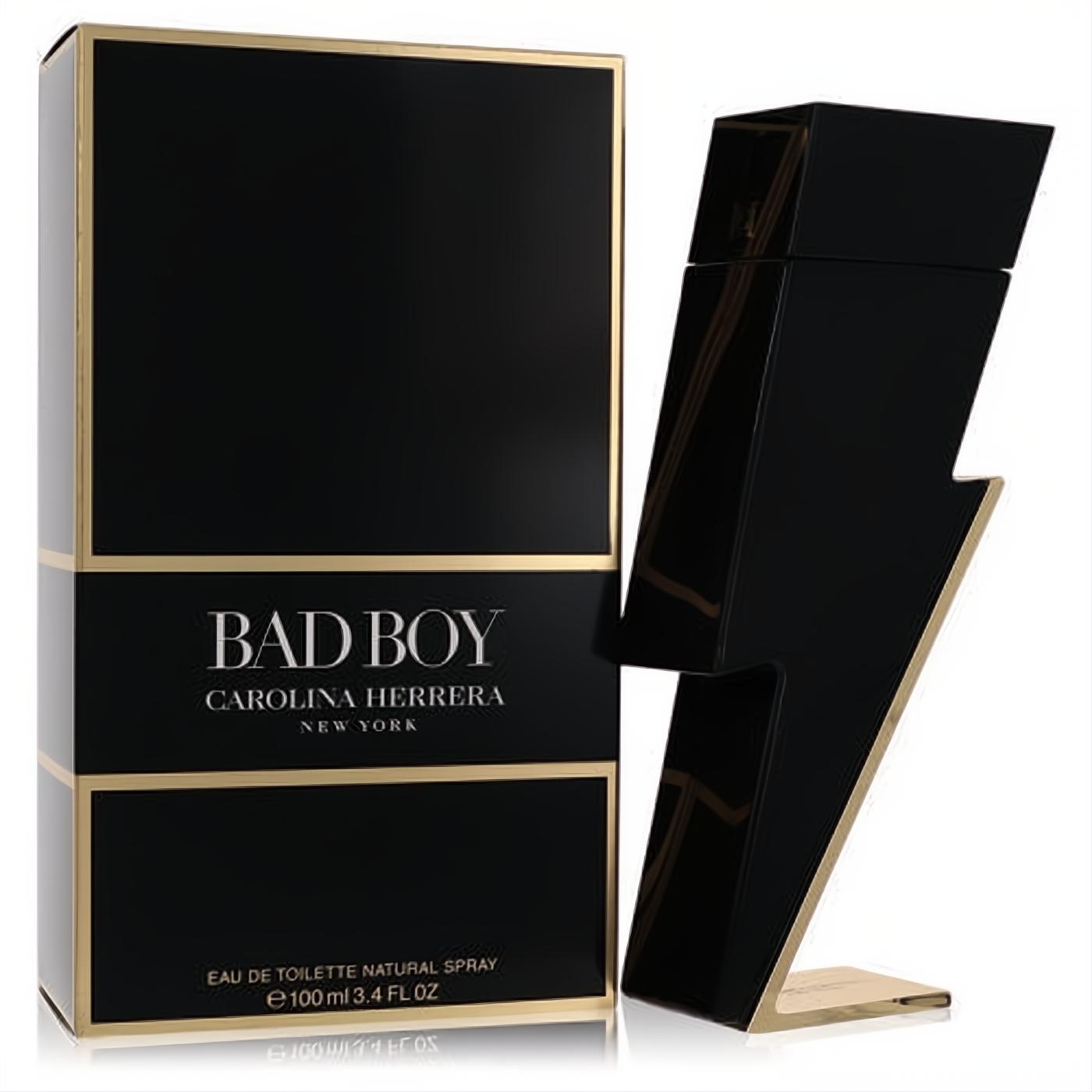 Bold Bad Boy Carolina Herrera 3.4 oz men's fragrance. Sleek black lightning bolt bottle with gold accents and matching box.