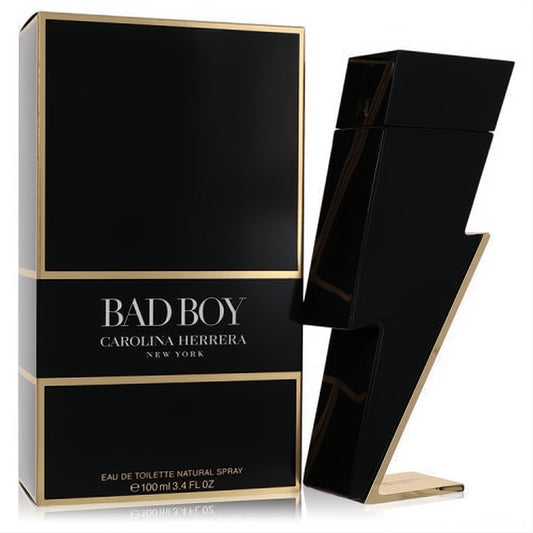Bold Bad Boy Carolina Herrera 3.4 oz men's fragrance. Sleek black lightning bolt bottle with gold accents and matching box.