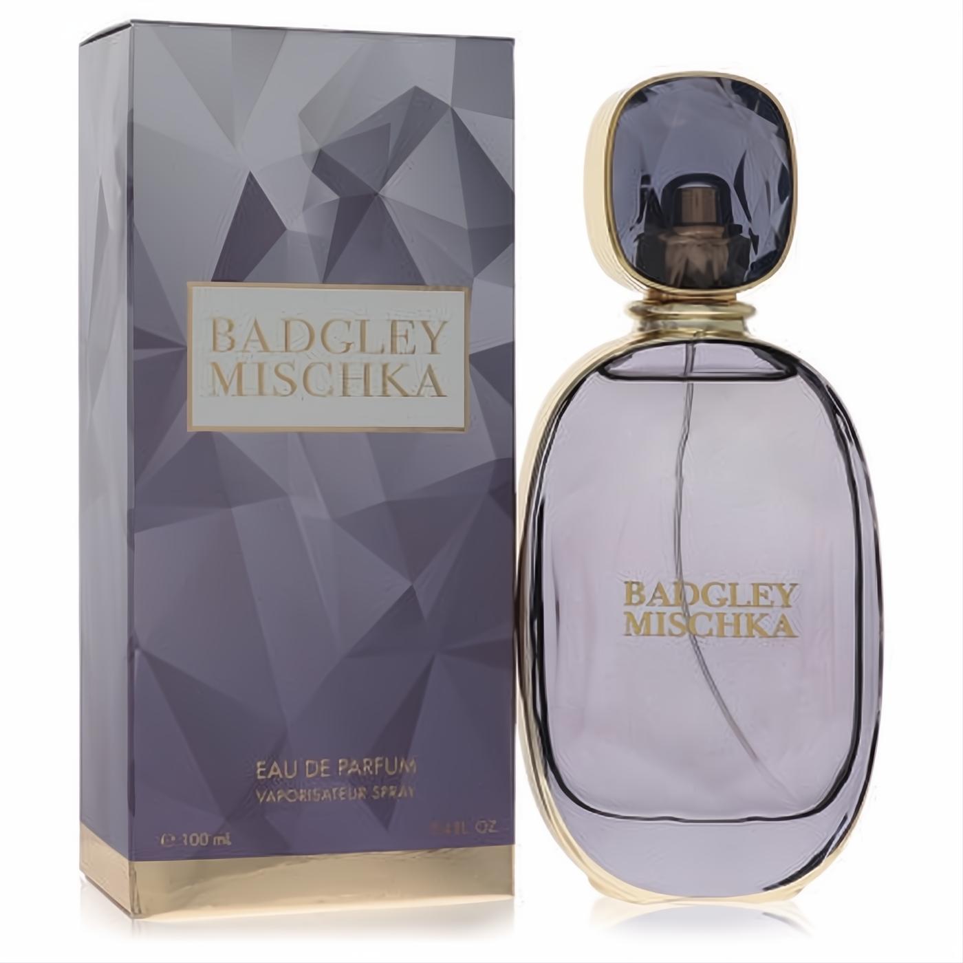 Experience Badgley Mischka Eau De Parfum 3.4 oz. Elegant dark purple oval bottle, faceted crystal cap, and gold accents for women.