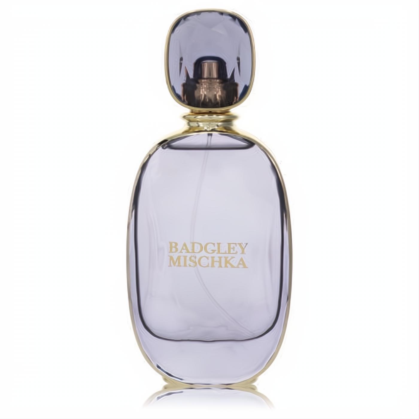 Elegant Badgley Mischka women's Eau De Parfum in a sleek, clear glass bottle with gold accents and a faceted lavender cap.