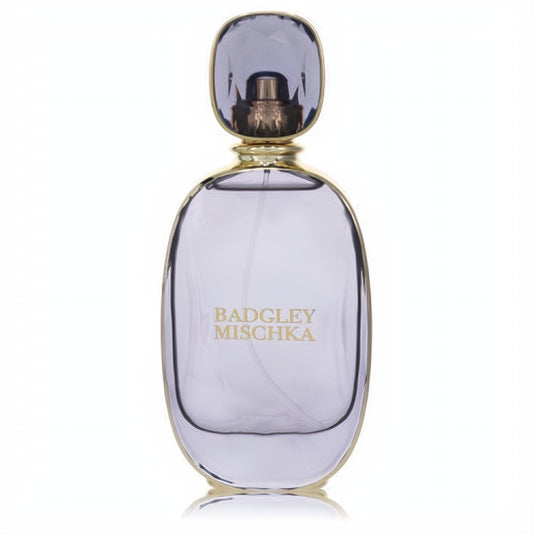Elegant Badgley Mischka women's Eau De Parfum in a sleek, clear glass bottle with gold accents and a faceted lavender cap.