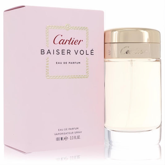 Luxurious Cartier Baiser Volé Eau De Parfum 3.3 oz. Pink box with gold rope design and elegant clear bottle with gold cap.