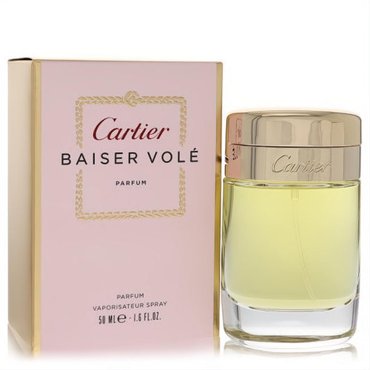 Cartier Baiser Volé 1.6 oz parfum spray. Elegant clear glass bottle with golden liquid and cap, beside its chic pink and gold box.