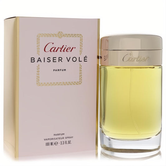 Cartier Baiser Volé 3.3 oz parfum spray, featuring its elegant gold-capped bottle and sophisticated pink and gold packaging.
