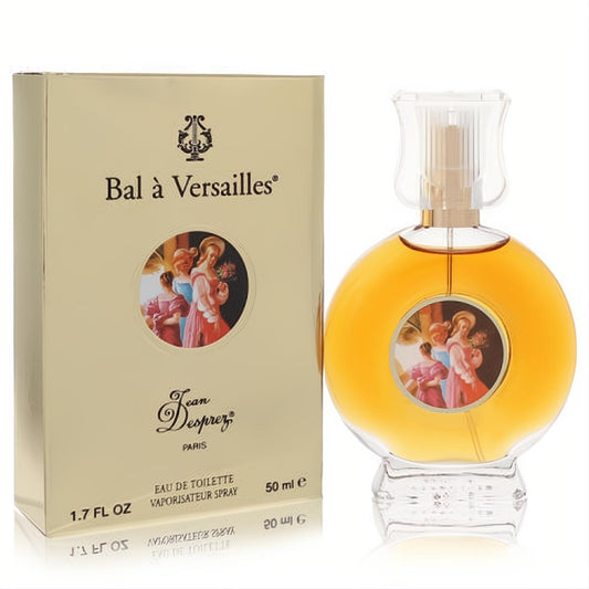 Luxurious Bal A Versailles 1.7 oz EDT spray. Amber liquid in a round bottle with classic art, paired with its elegant gold box.