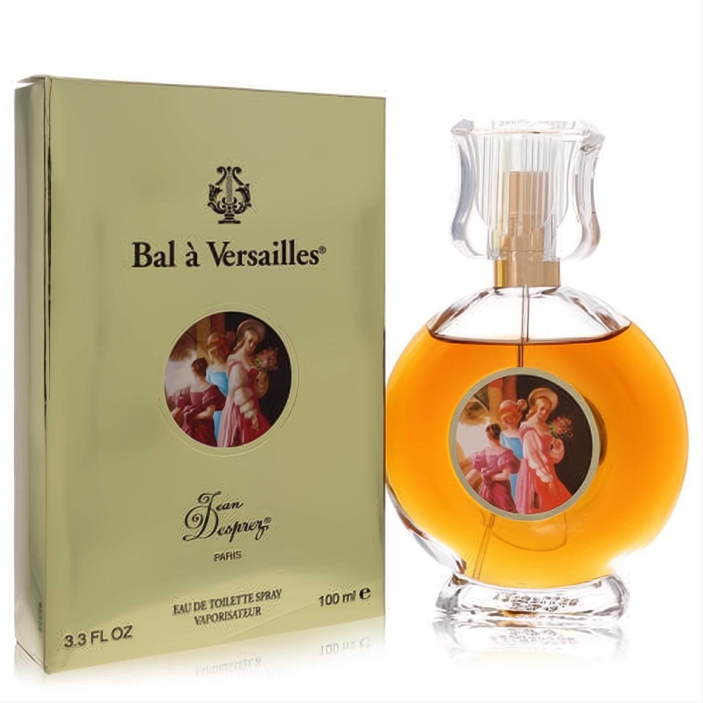 Luxurious Bal à Versailles 100ml EDT spray. Round amber bottle with fluted cap and elegant gold box, both featuring classical art.