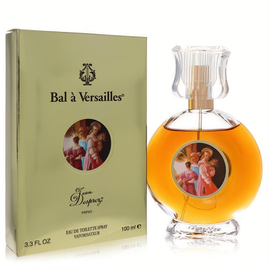 Luxurious Bal à Versailles 100ml EDT spray. Round amber bottle with fluted cap and elegant gold box, both featuring classical art.