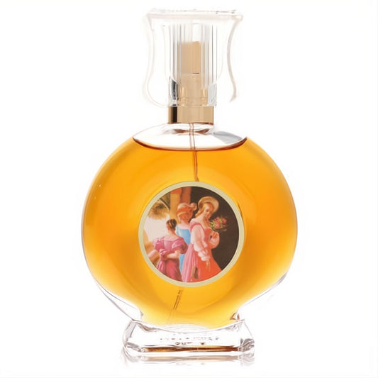 Iconic Bal A Versailles women's perfume: round clear bottle, rich amber liquid, classical art label, elegant fluted cap.