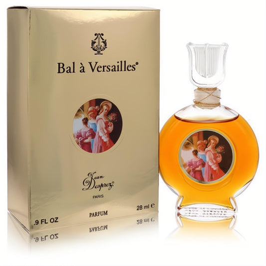 Exquisite Bal A Versailles pure perfume: elegant round glass bottle with amber liquid, classical art, and luxurious gold box.