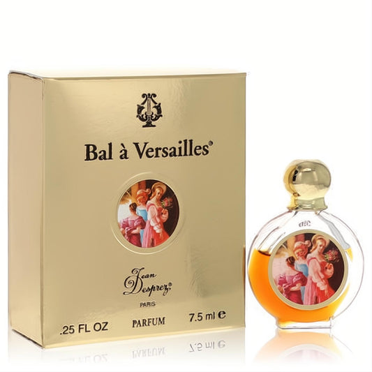 Experience Bal A Versailles .25 oz pure perfume. Amber liquid in a clear glass bottle with gold cap, beside its ornate gold box.