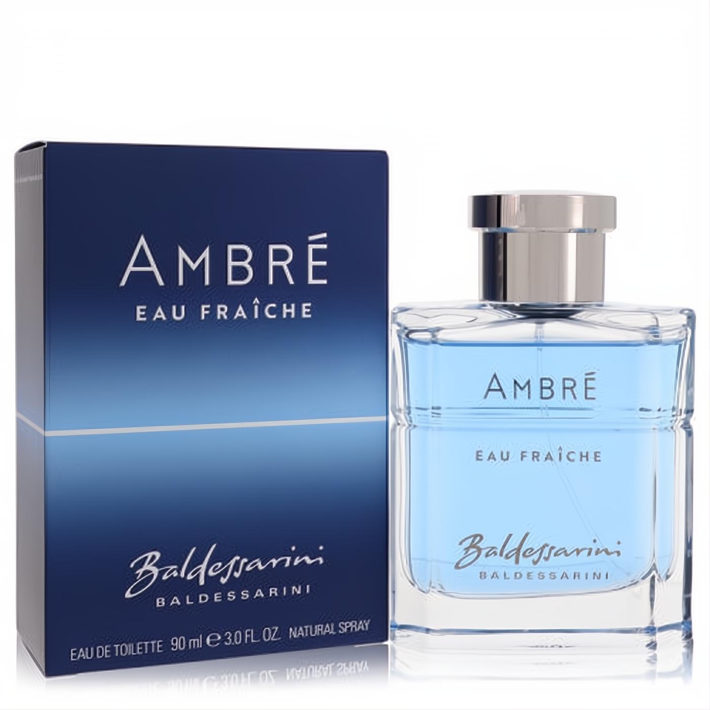 Invigorating Baldessarini Ambre Eau Fraiche 90ml men's cologne. Clear glass bottle with crisp blue liquid, silver cap, and matching elegant blue box.