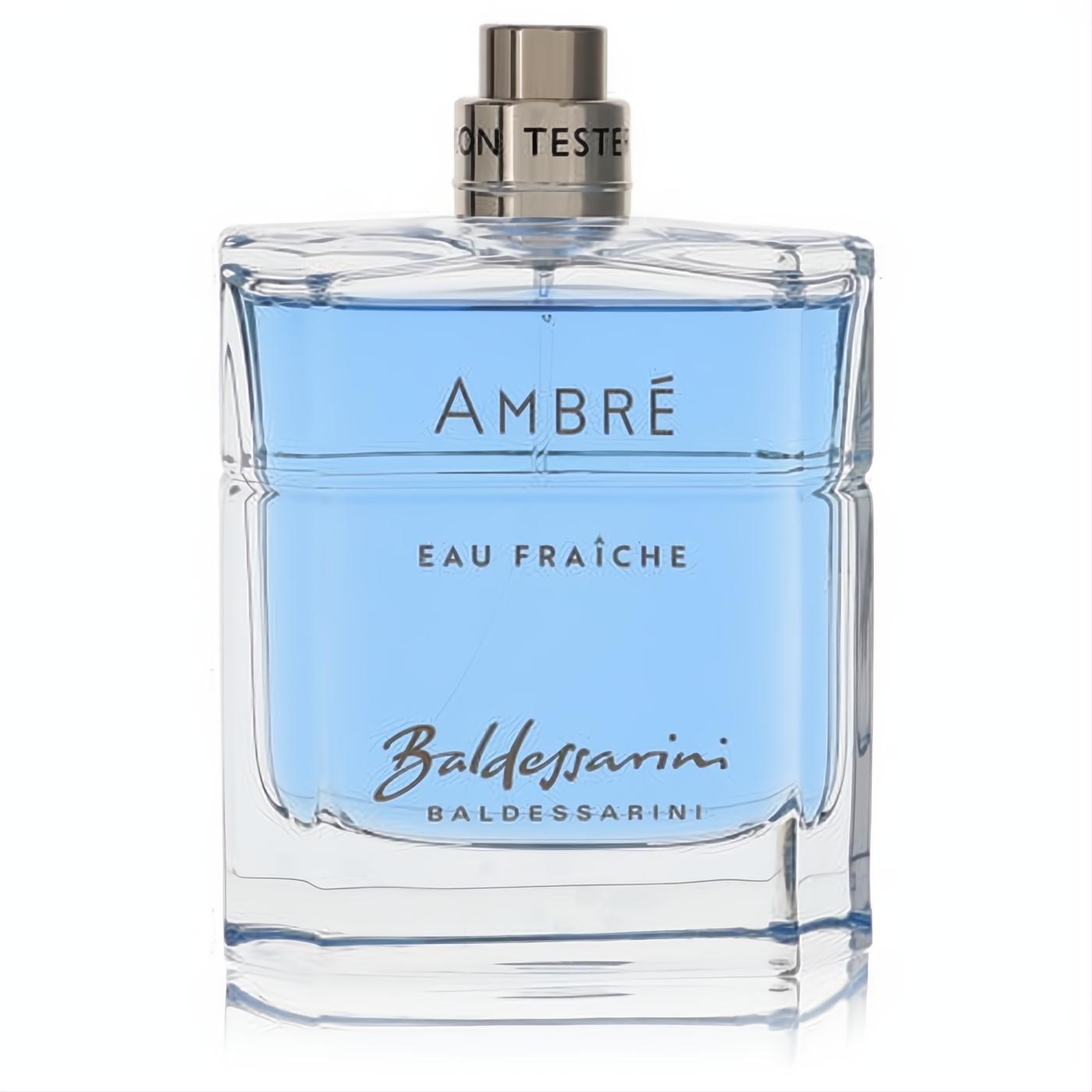 Crisp Baldessarini Ambre Eau Fraiche men's cologne tester. Clear glass bottle, invigorating blue liquid, sleek silver cap.