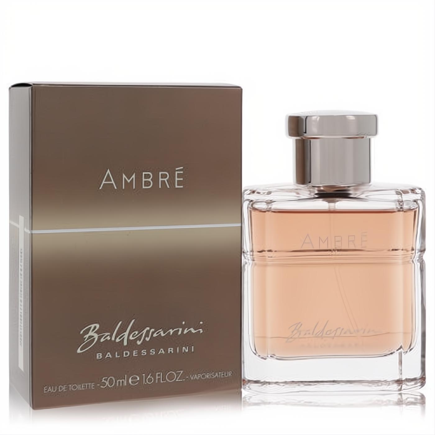 Discover Baldessarini Ambre men's EDT, 1.6 oz: warm amber liquid in a sleek clear bottle with a silver cap, beside its elegant brown box.