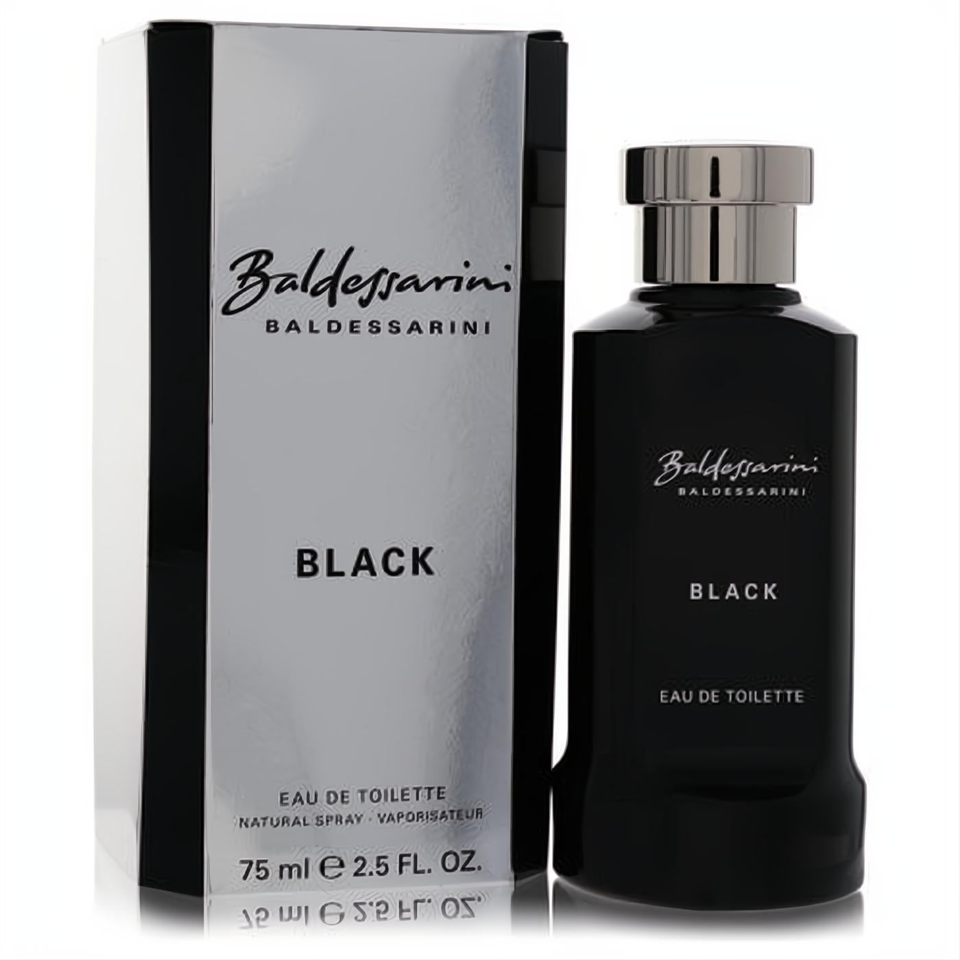 Sleek Baldessarini Black Eau De Toilette 2.5 oz for men, featuring a bold black bottle with a silver cap and elegant silver box.