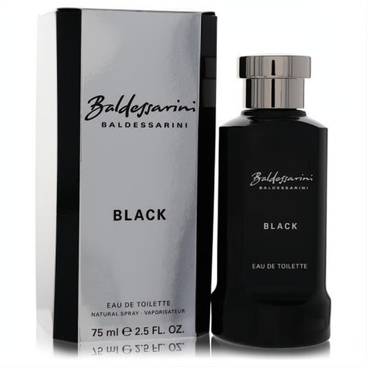 Sleek Baldessarini Black Eau De Toilette 2.5 oz for men, featuring a bold black bottle with a silver cap and elegant silver box.