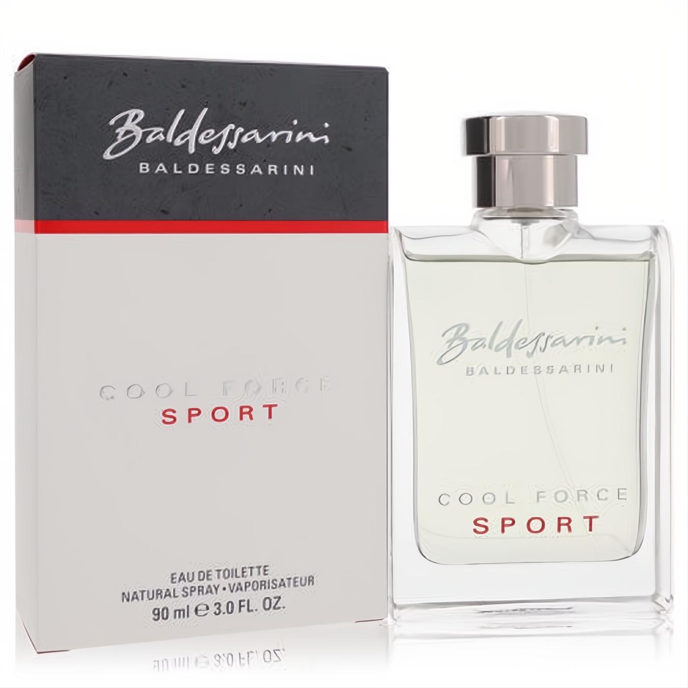 Baldessarini Cool Force Sport 3 oz EDT. Clear glass bottle with red 'SPORT' text, sleek silver cap, and modern white box.