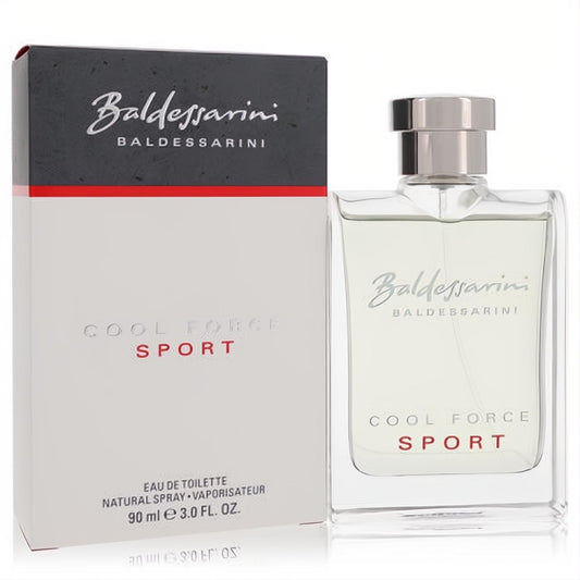 Baldessarini Cool Force Sport 3 oz EDT. Clear glass bottle with red 'SPORT' text, sleek silver cap, and modern white box.