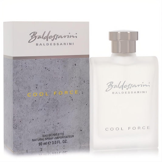 Baldessarini Cool Force 3 oz men's EDT. Frosted white bottle, silver cap, and modern grey textured box with yellow accents.