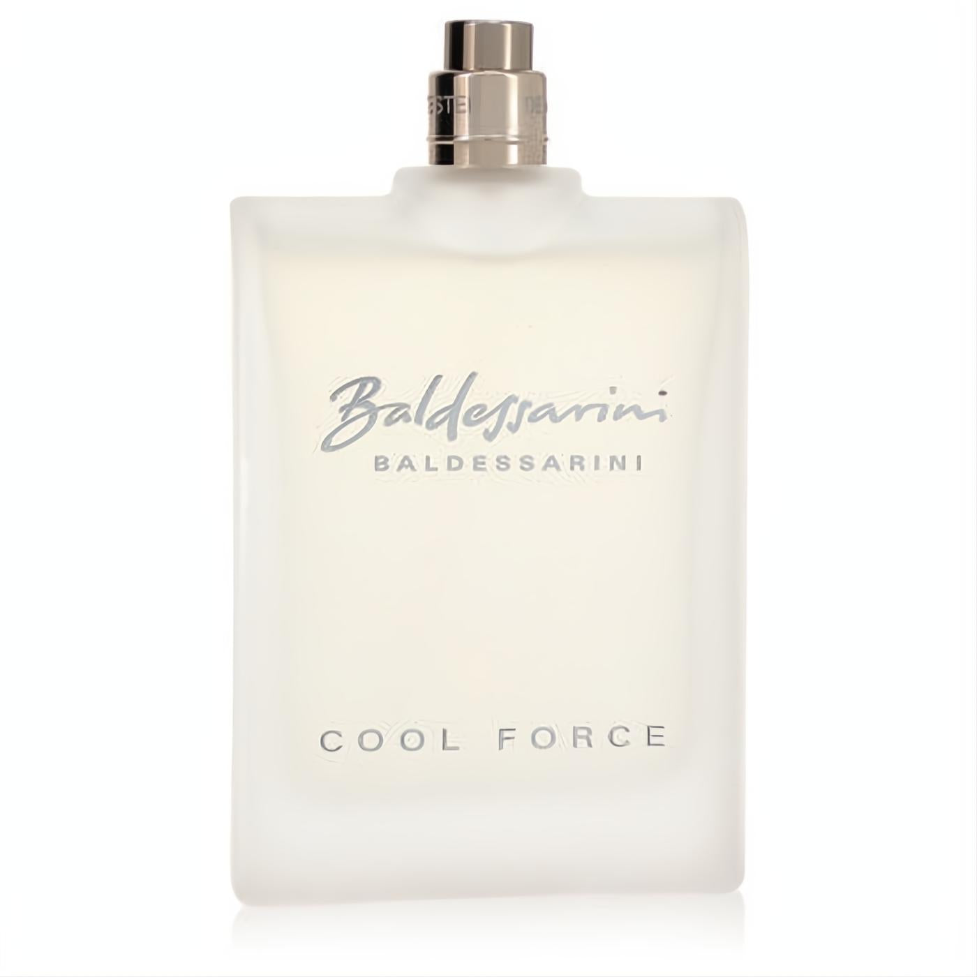 Baldessarini Cool Force 3 oz men's EDT spray in a modern frosted white glass bottle with elegant silver cap.
