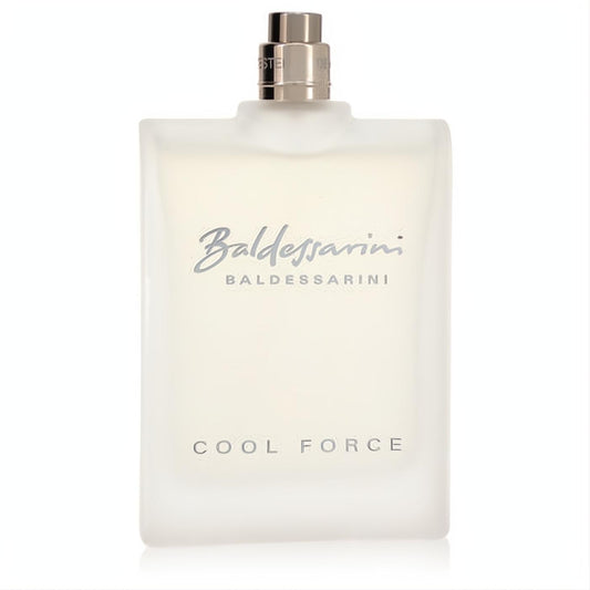 Baldessarini Cool Force 3 oz men's EDT spray in a modern frosted white glass bottle with elegant silver cap.