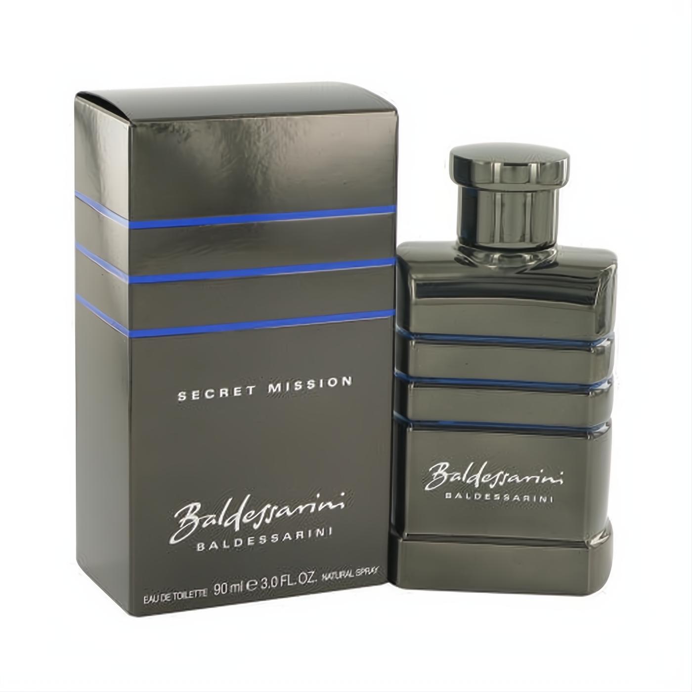 Elegant Baldessarini Secret Mission 3 oz EDT spray. Sleek dark gray bottle and matching box with modern blue stripe design.