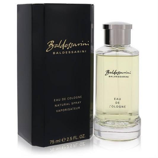 Baldessarini by Hugo Boss 2.5 oz men's cologne. Clear glass bottle with light amber liquid, silver cap, and elegant black box with gold script.