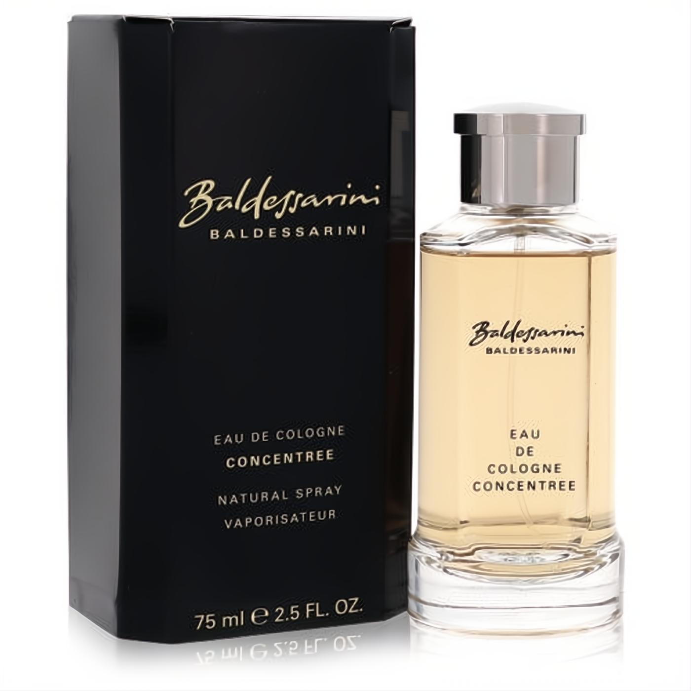 Sophisticated Baldessarini by Hugo Boss 2.5 oz cologne in a clear bottle with amber liquid, silver cap, and sleek black box.