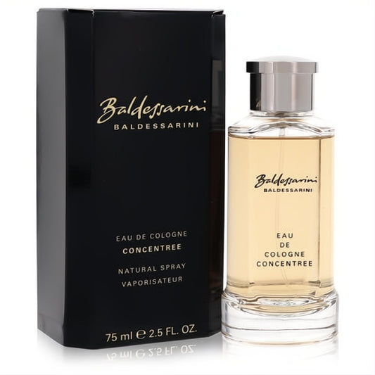 Sophisticated Baldessarini by Hugo Boss 2.5 oz cologne in a clear bottle with amber liquid, silver cap, and sleek black box.