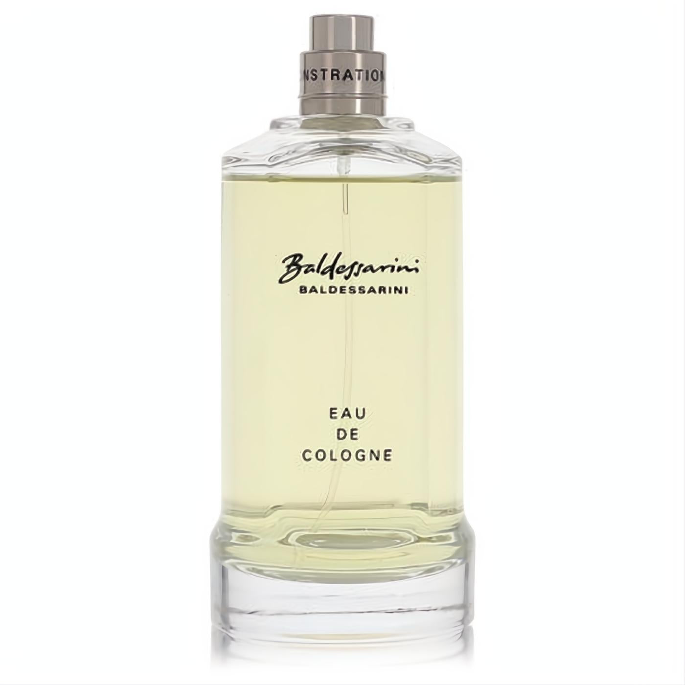 Baldessarini by Hugo Boss Eau De Cologne tester. Elegant clear glass bottle with silver cap and light amber men's fragrance.