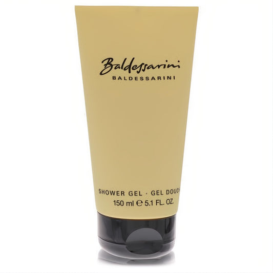 Sleek Baldessarini 5.1 oz men's shower gel in a matte gold tube with a black flip cap for a luxurious experience.