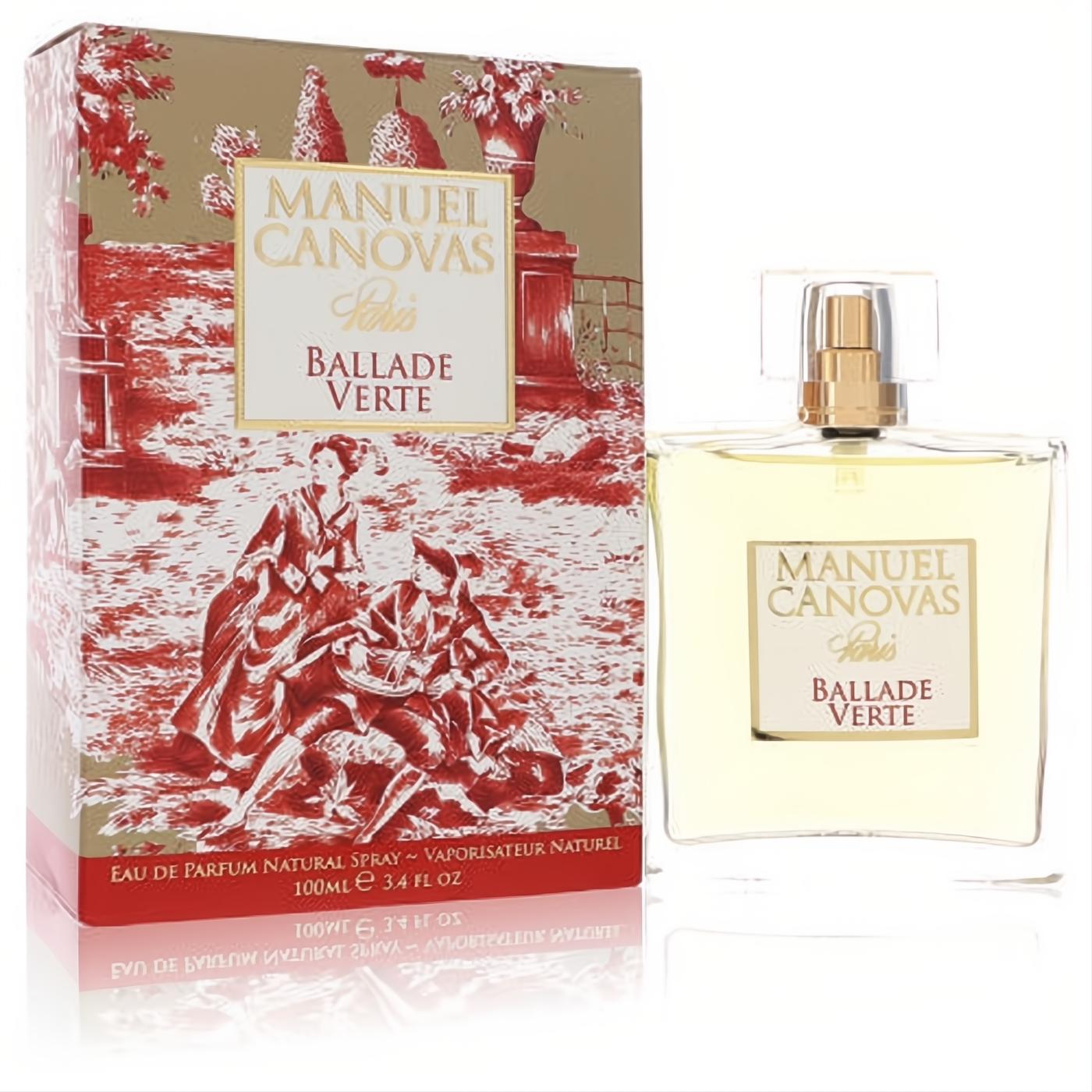 Manuel Canovas Ballade Verte 3.4 oz women's EDP. Clear bottle, gold cap, light yellow liquid, next to a luxurious gold & red toile box.
